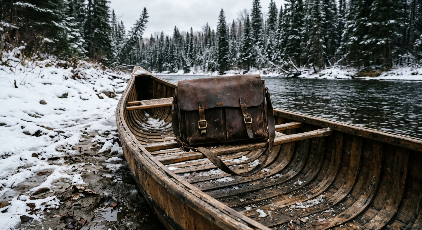 a weathered vintage leather satchel resting inside an old wooden canoe on a snowy, muddy riverbank surrounded by dense pine trees in the rugged wilderness, natu