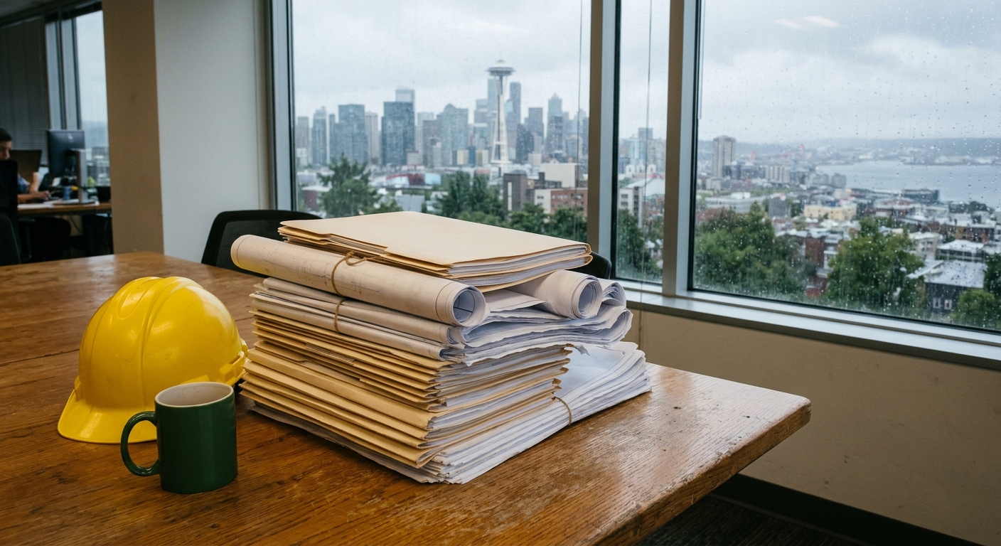 a thick stack of unbranded government policy folders and architectural blueprints on a wooden conference table next to a yellow construction hard hat and a cera