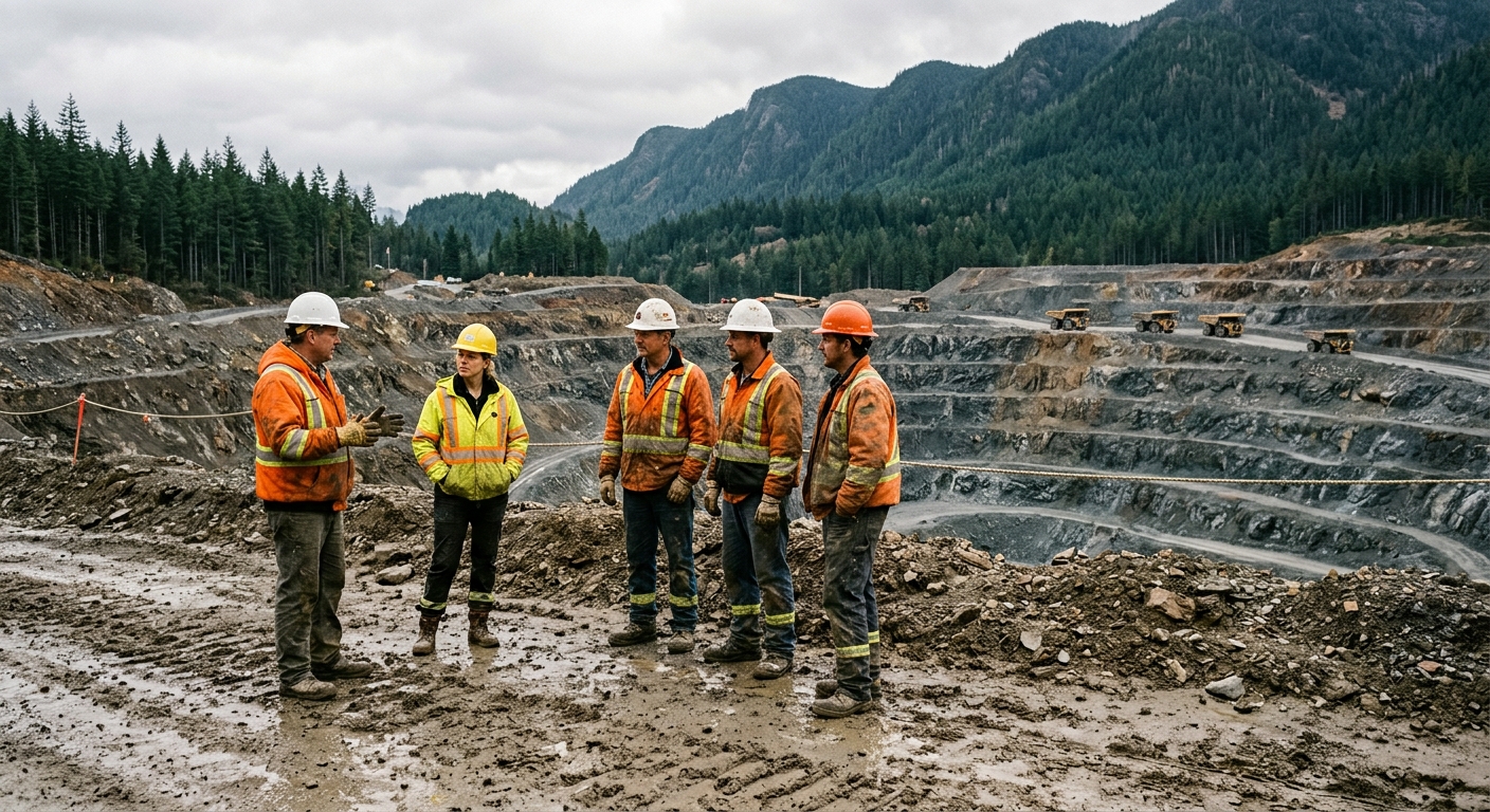 several workers in heavy high-visibility safety jackets and hard hats standing together on a muddy dirt shoulder near a massive open-pit copper mine, with large