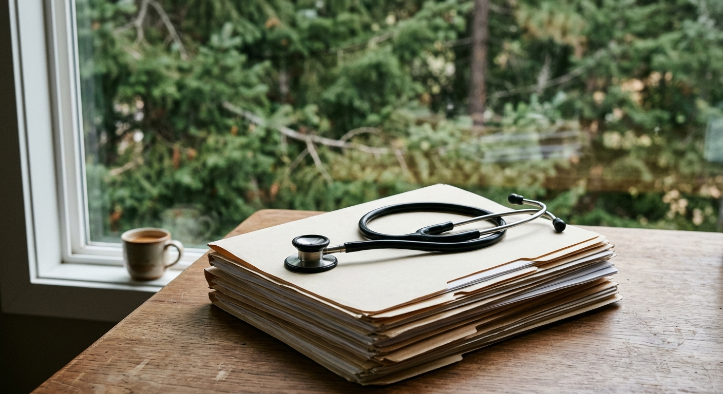 a medical stethoscope resting on a stack of plain folders and reports on a wooden desk, with a blurred background showing thick evergreen pine trees through a n