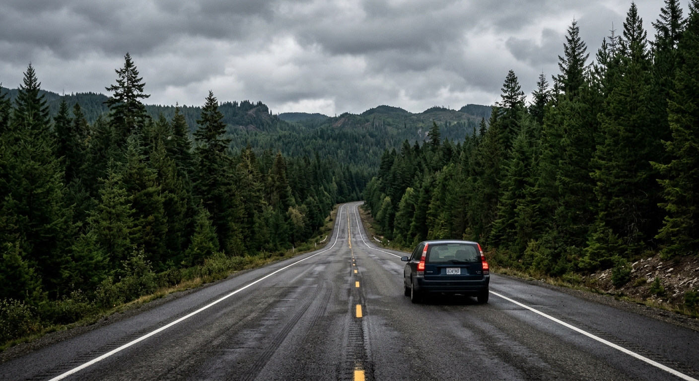 a single car driving down a long, empty rural highway surrounded by dense pine forests under an overcast sky, natural everyday lighting, shot on a DSLR camera,