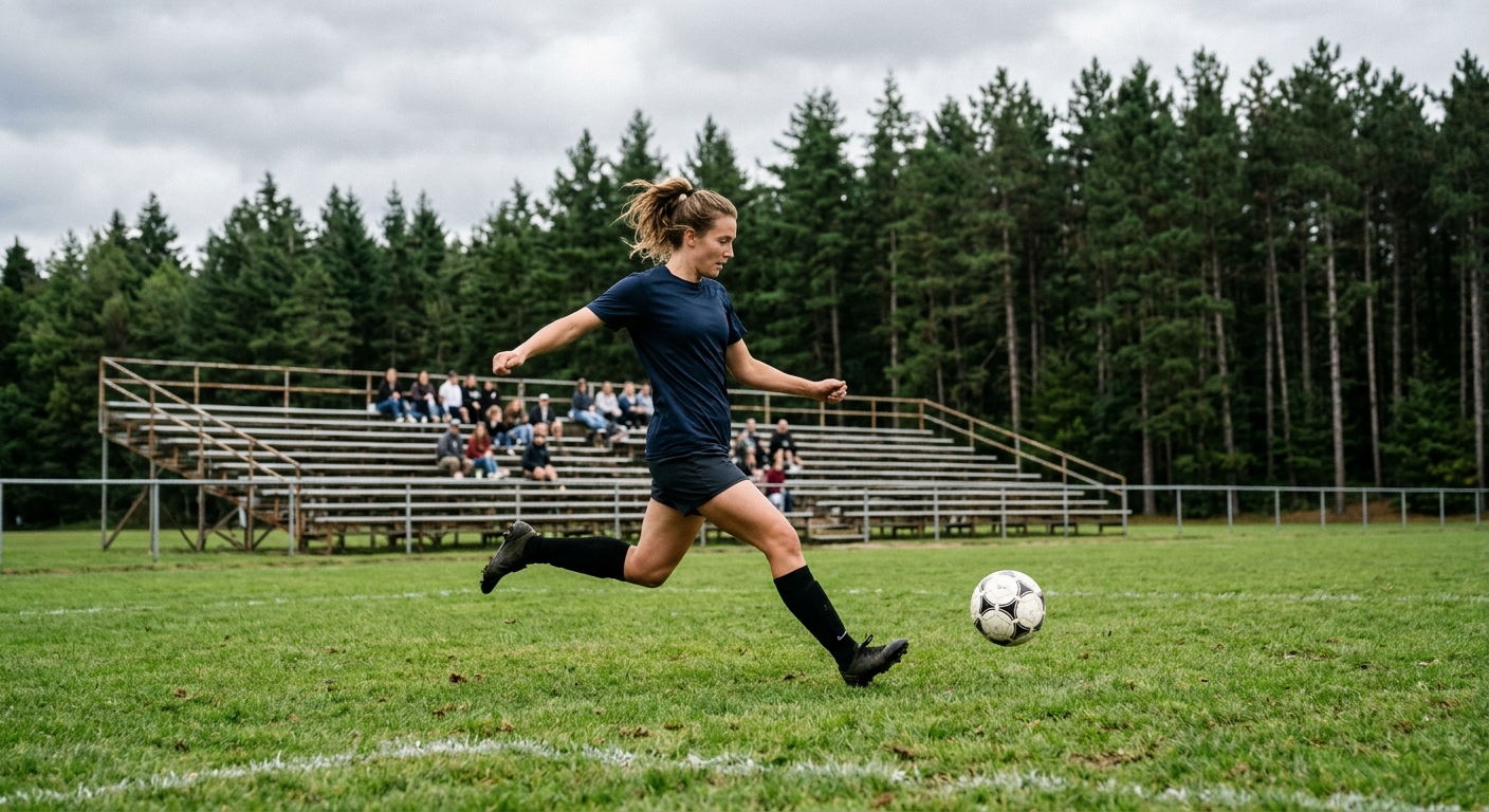 a female soccer player in plain unmarked athletic gear kicking a soccer ball on a grass pitch, with tall pine trees visible behind the stadium bleachers under a