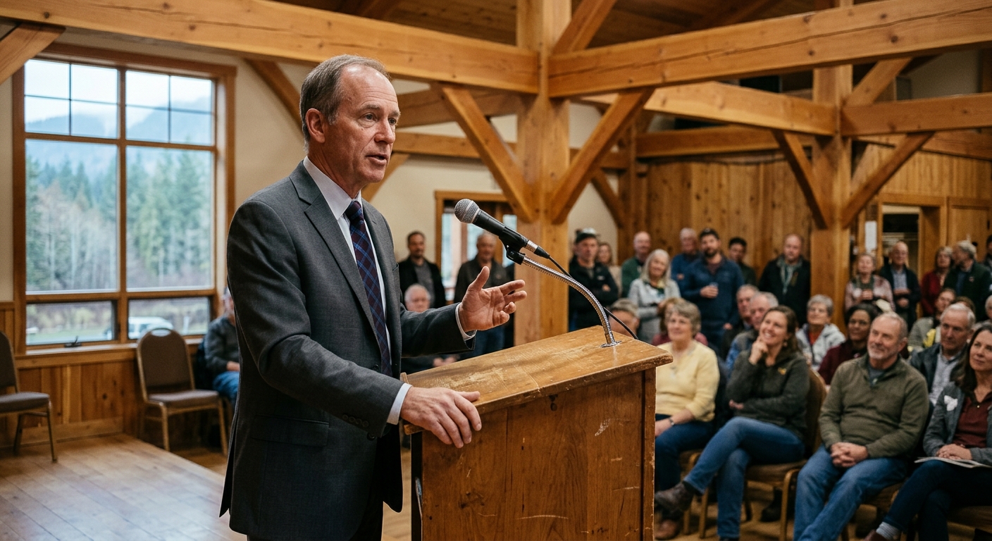 a generic middle-aged male politician in a dark suit standing at a blank wooden podium, addressing a crowd in a rustic community hall with exposed timber beams