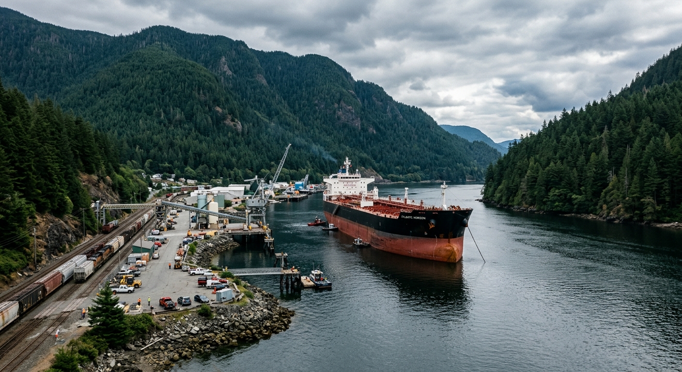 a large commercial shipping tanker anchored in a coastal inlet surrounded by steep, pine-covered hills, with industrial port infrastructure and railway tracks v
