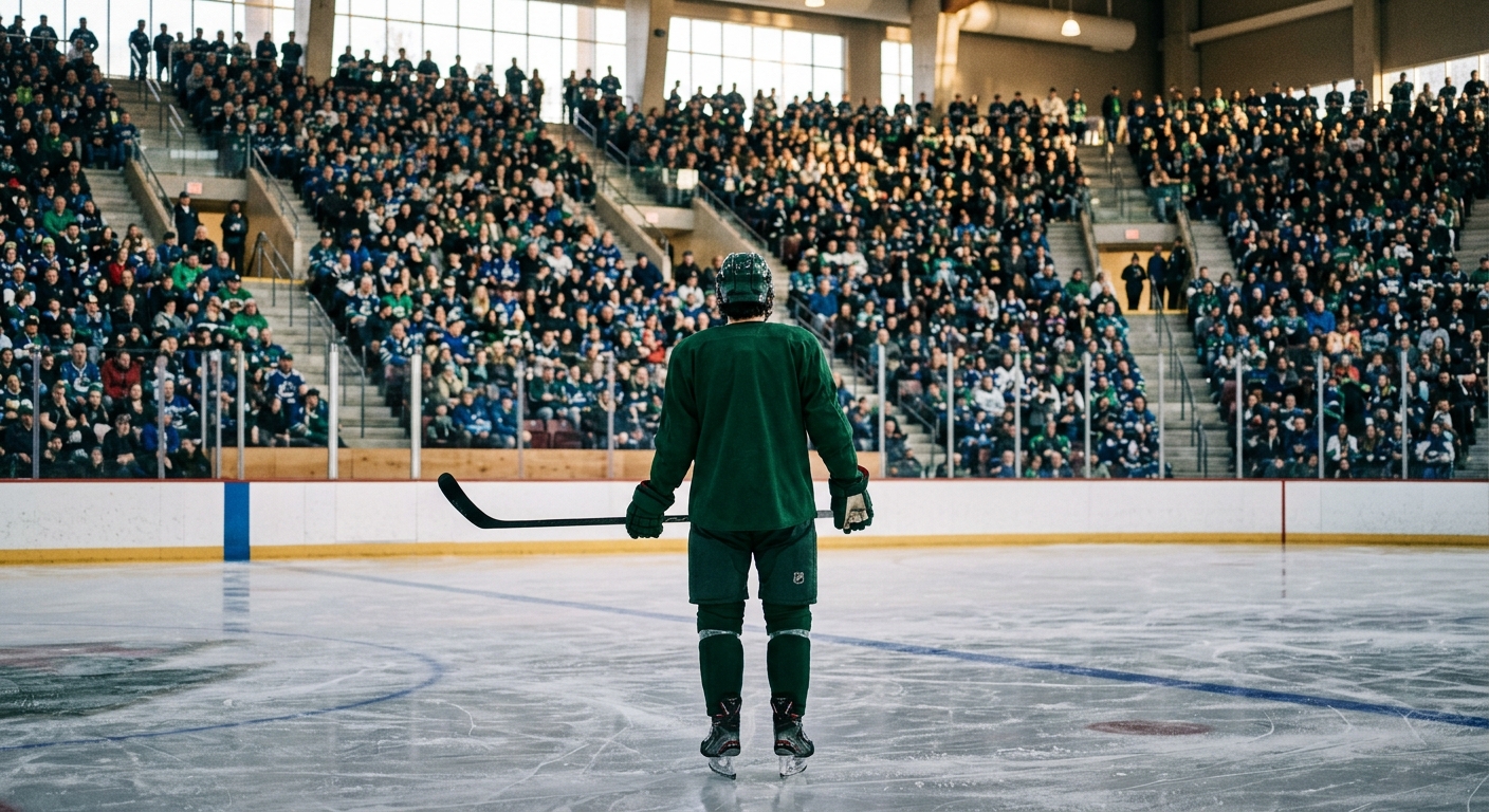a professional ice hockey player wearing a generic dark green jersey standing on an indoor ice rink, viewed from behind, looking up toward stadium seating fille