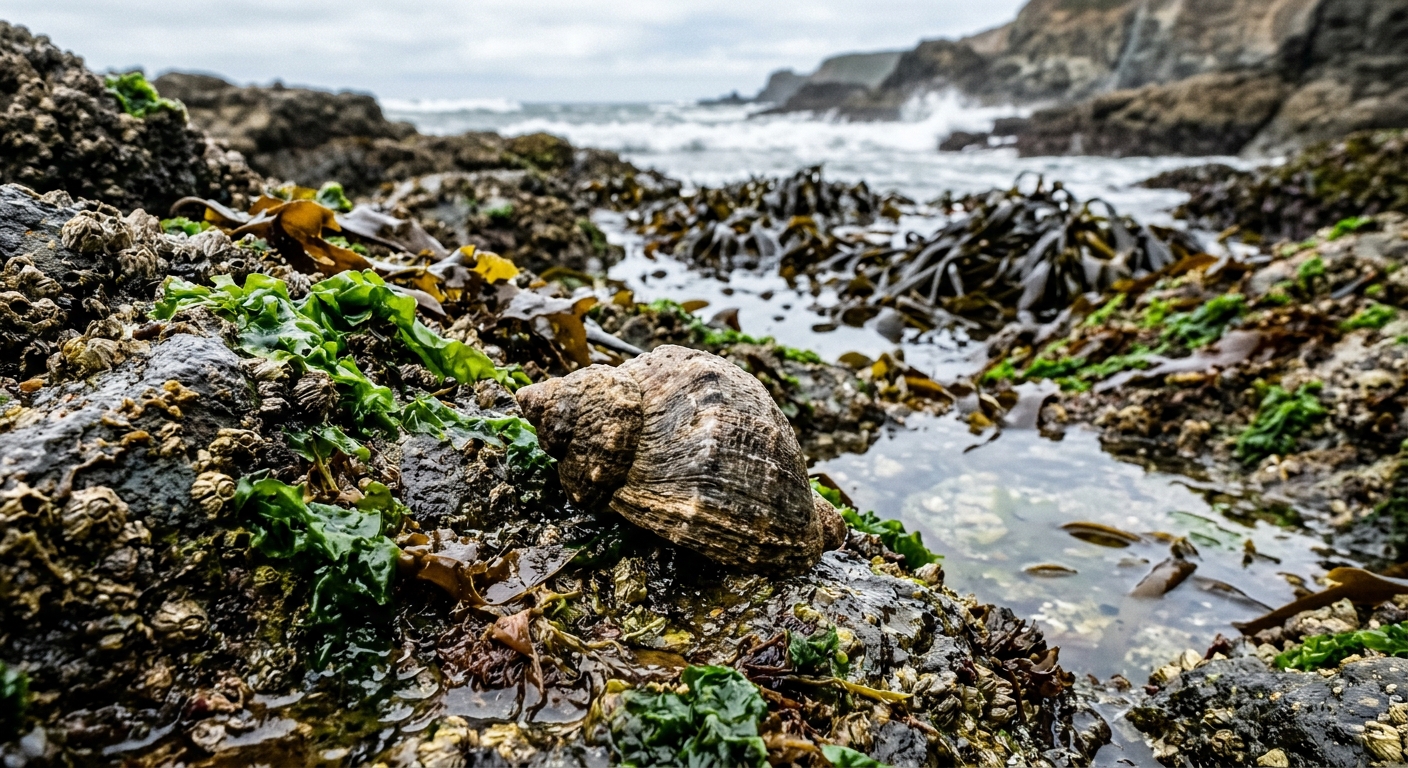 a large marine snail resting on wet, algae-covered rocks along a rugged shoreline with tidal pools and kelp, natural everyday lighting, shot on a DSLR camera, s