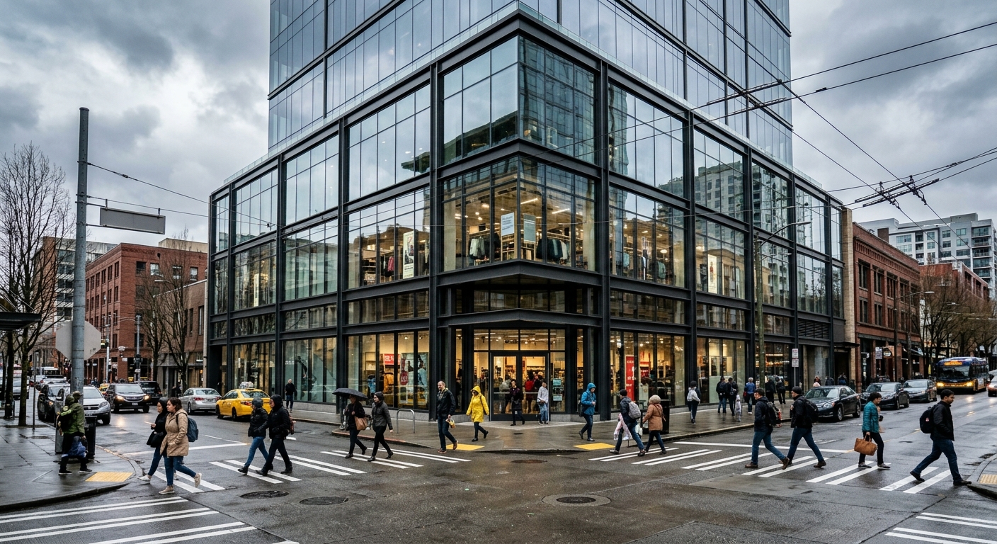 a large modern retail building with expansive glass windows on a bustling downtown street corner, pedestrians walking across a crosswalk in light coats, overcas
