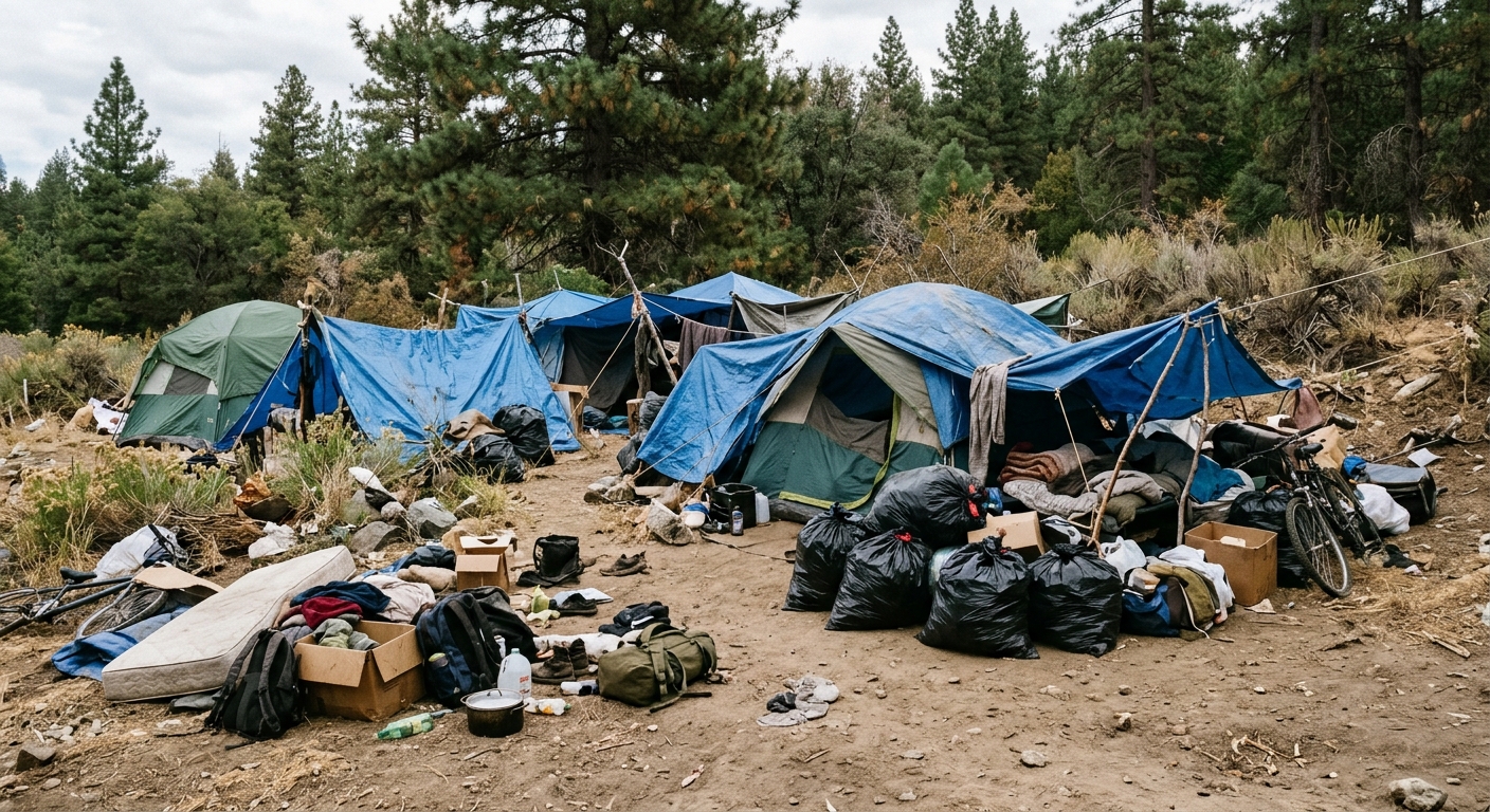 a cluster of makeshift tents and blue tarps set up on a dirt patch near dry brush and pine trees, with scattered personal belongings and packed black bags nearb