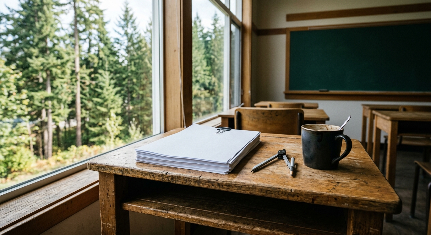 an empty wooden desk in a classroom featuring a stack of printed official documents, a geometry compass, and a ceramic coffee mug, with tall evergreen trees vis
