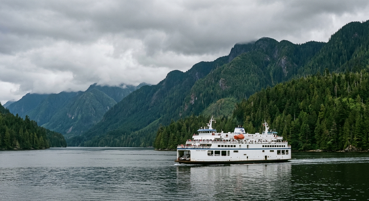 a large white passenger ferry navigating through calm coastal waters with dense evergreen forested mountains in the background on an overcast day, natural every