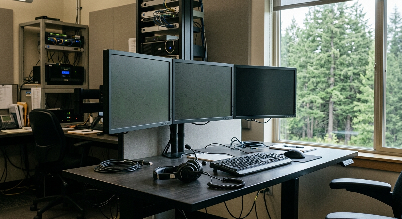 a modern emergency dispatch workstation featuring multiple blank computer monitors displaying topographic maps, a black communication headset resting on a desk,