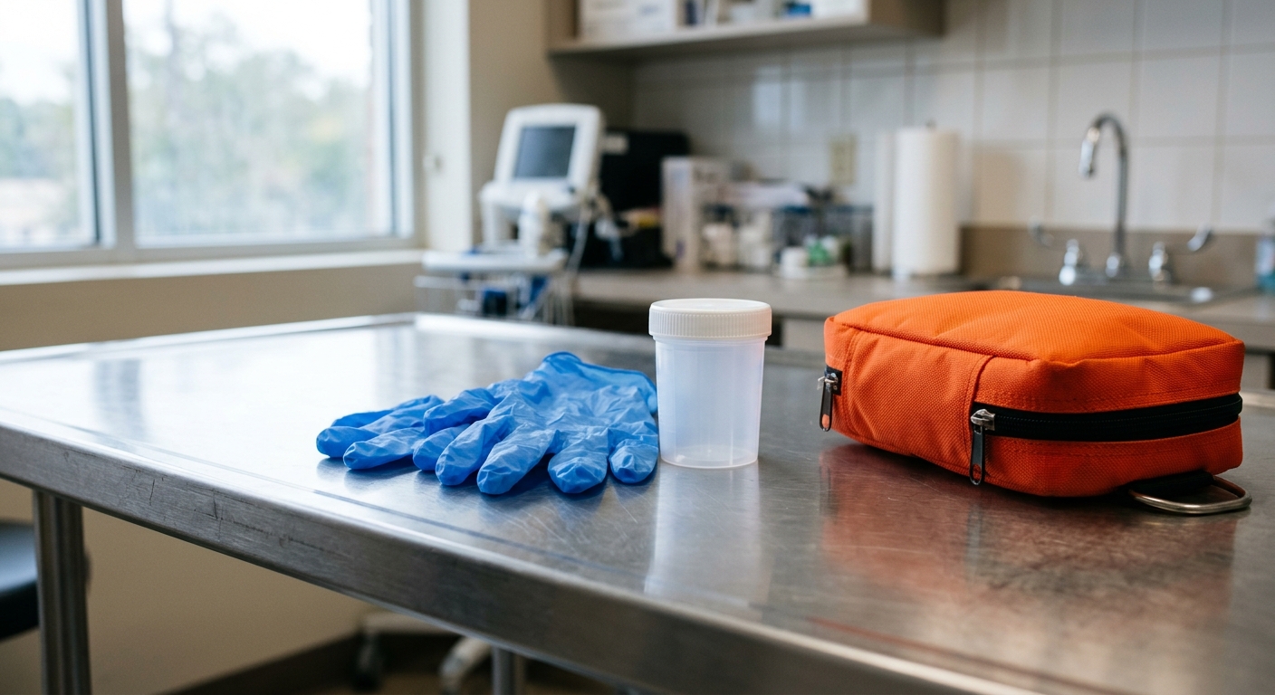 a pair of blue nitrile medical gloves resting next to an unmarked sterile specimen cup and a bright orange emergency response pouch on a stainless steel table i