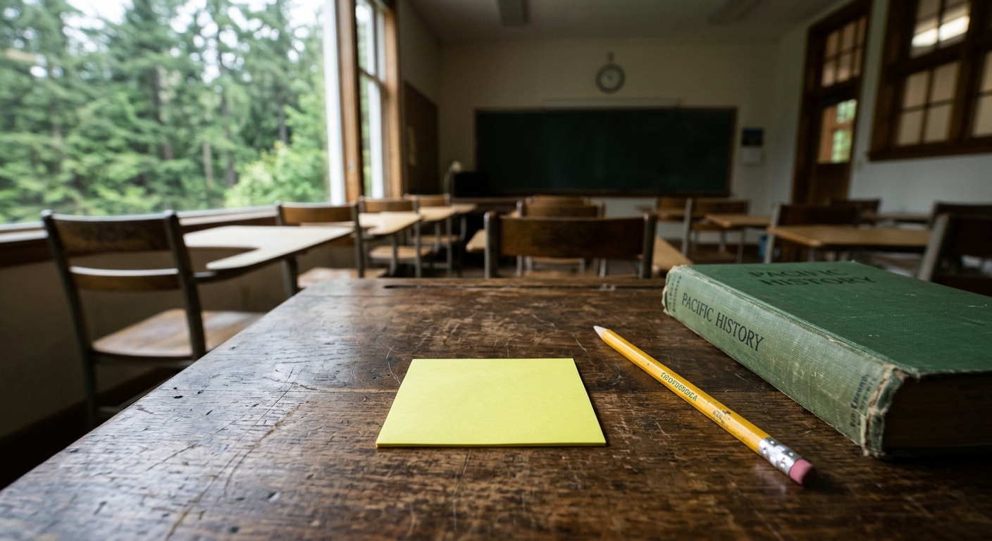 a blank yellow sticky note resting on an old wooden school desk beside a pencil and a closed textbook, with an empty classroom and a window showing Pacific Nort