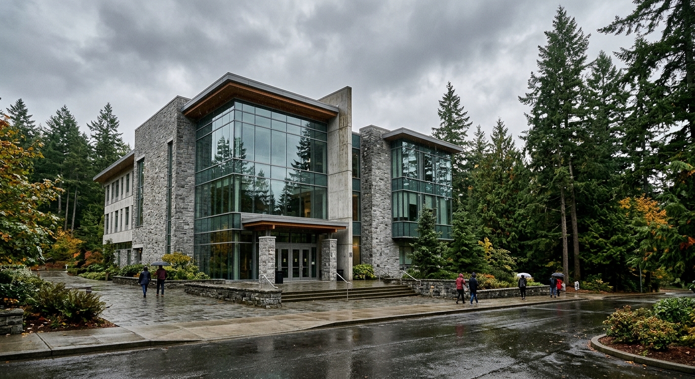 the exterior of a modern glass and stone courthouse building surrounded by tall evergreen trees and wet pavement on a cloudy day, natural everyday lighting, sho