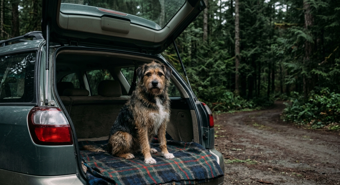 a mixed-breed rescue dog sitting quietly on a heavy blanket in the open trunk of a vehicle parked near a dense, overcast evergreen forest, natural everyday ligh