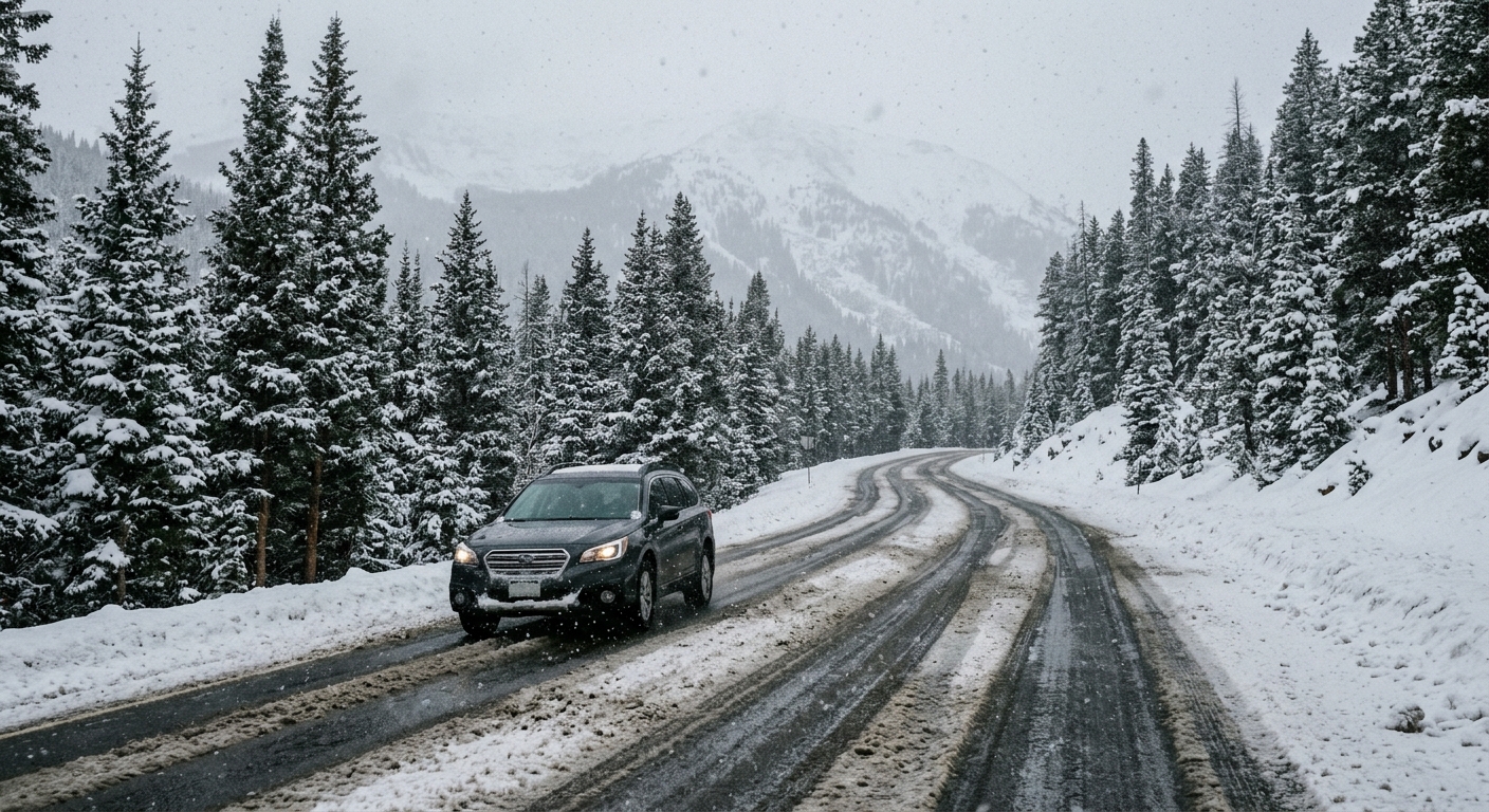 a snow-covered mountain highway lined with tall evergreen trees, thick slush and tire tracks on the wet asphalt, a generic passenger vehicle driving cautiously