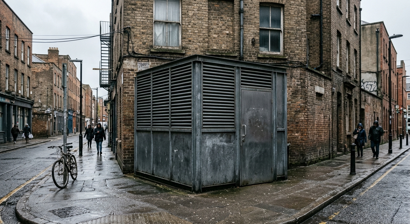 a utilitarian metal public washroom structure with slatted grating on a damp urban street corner surrounded by older brick buildings under an overcast sky, natu