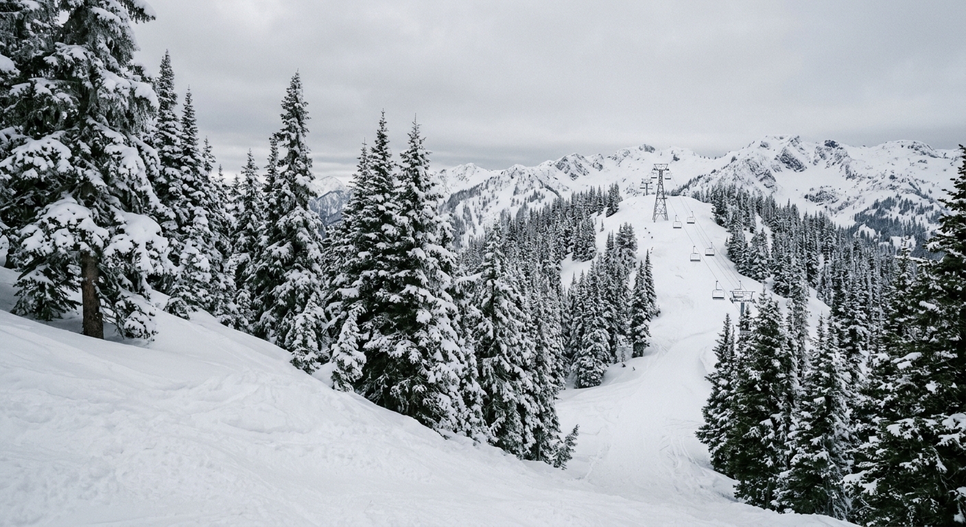 a snow-covered mountain slope with tall evergreen trees heavily laden with fresh powder, an empty ski chairlift tower visible in the distance against an overcas
