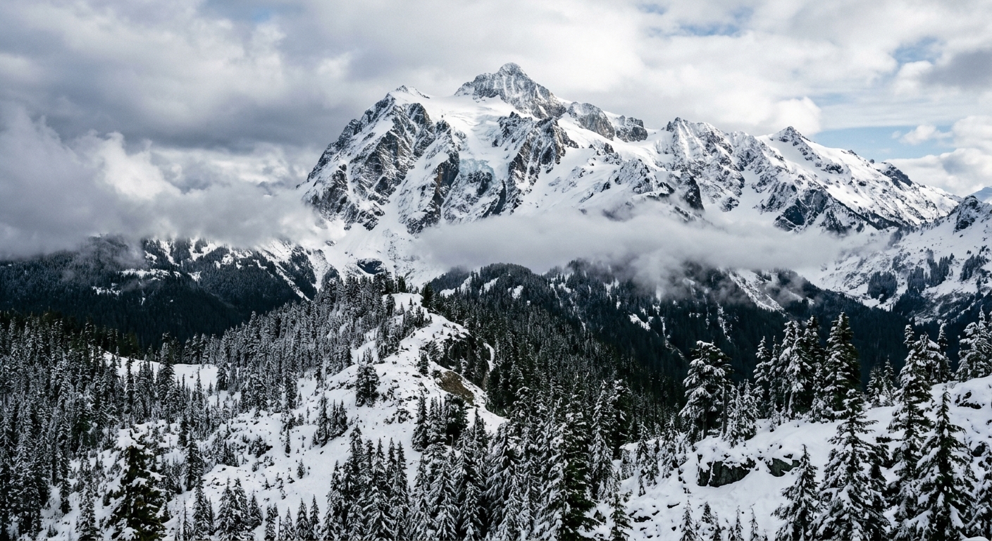 a snow-covered mountain peak surrounded by dense evergreen trees with patches of exposed rock and low-hanging clouds in a Pacific Northwest alpine setting, natu