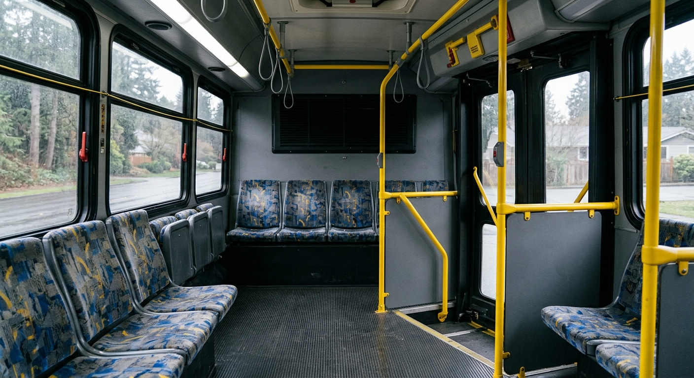 the interior rear exit doors of an empty public transit bus, featuring yellow grab bars and standard patterned fabric seats, soft overcast light coming through