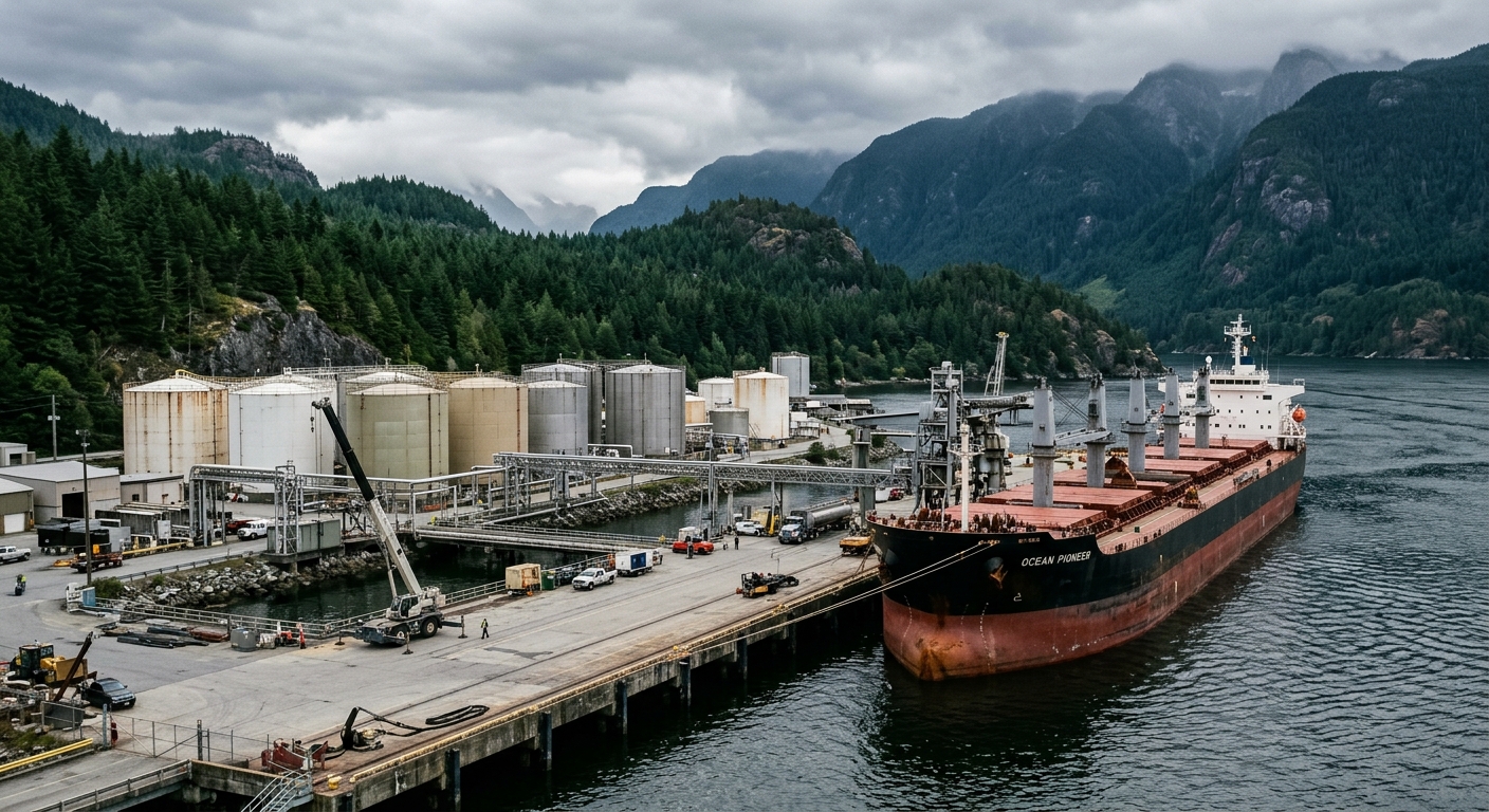 an industrial shipping port featuring large cylindrical gas storage tanks and a bulk cargo vessel docked at a concrete pier, surrounded by rugged coastal mounta
