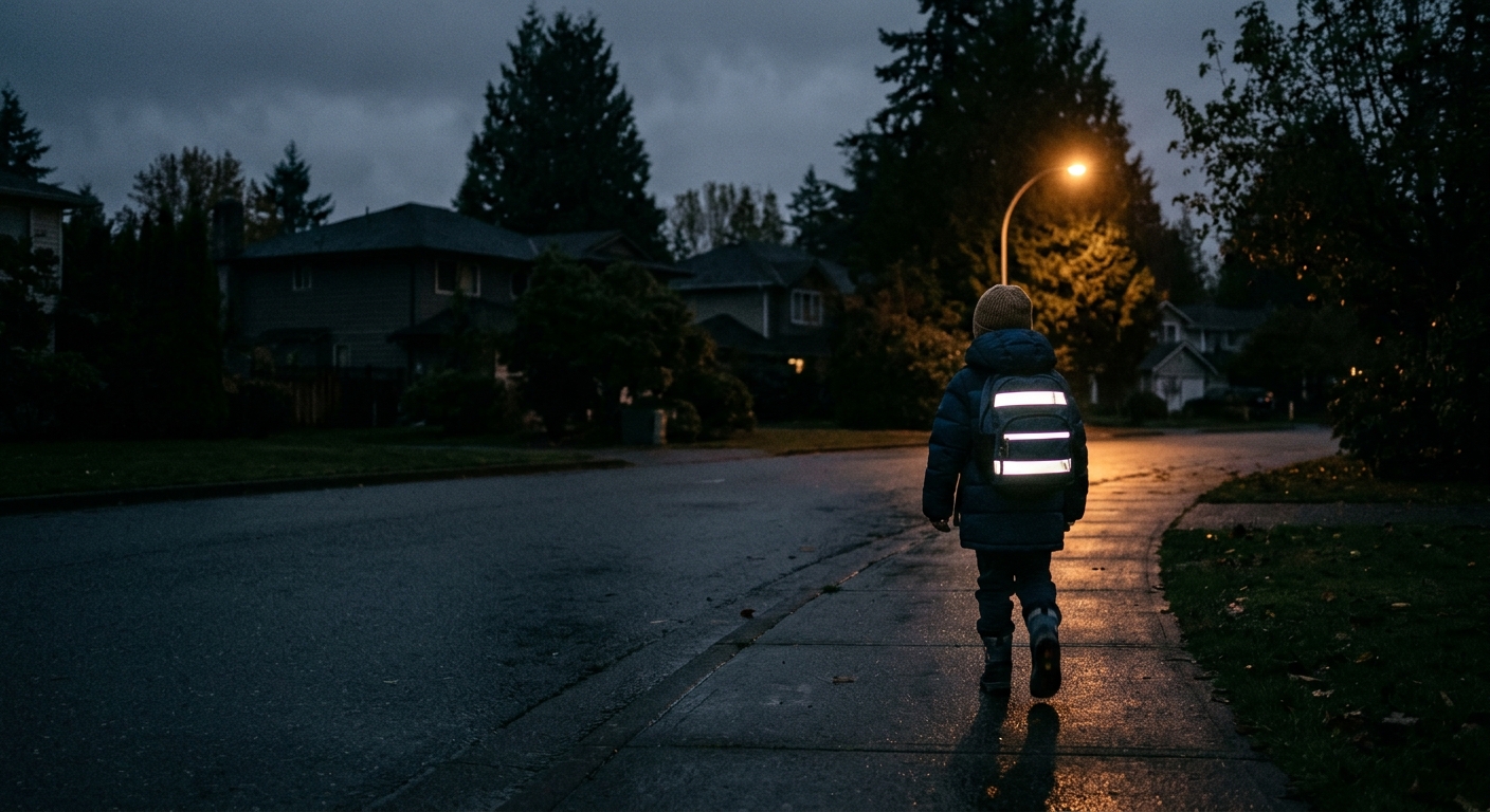 a young child walking down a wet suburban sidewalk in the early morning darkness, wearing a winter coat and a backpack with bright reflective safety strips, sur