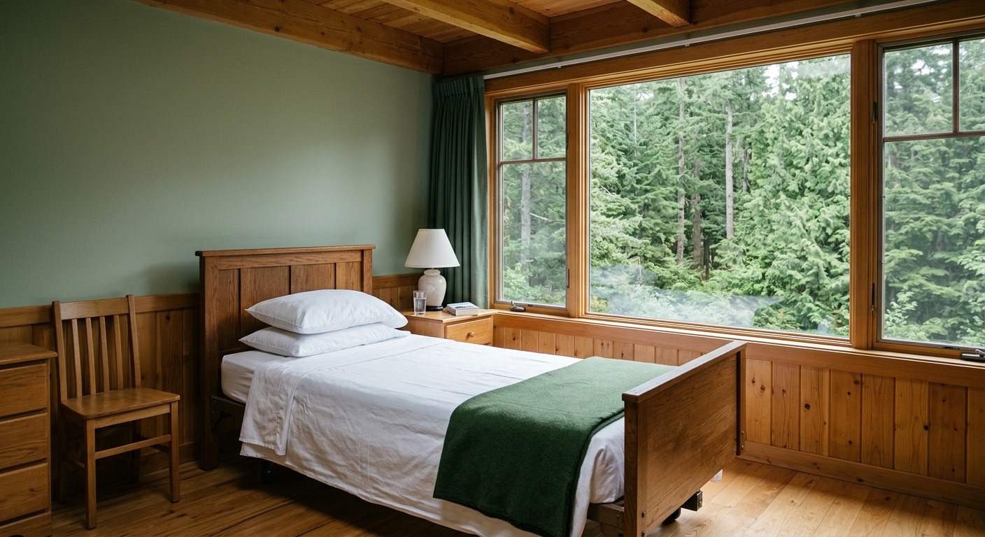 a quiet, clean patient room in a rural healthcare clinic featuring a neatly made bed, warm wooden architectural accents, and a window looking out at a dense eve