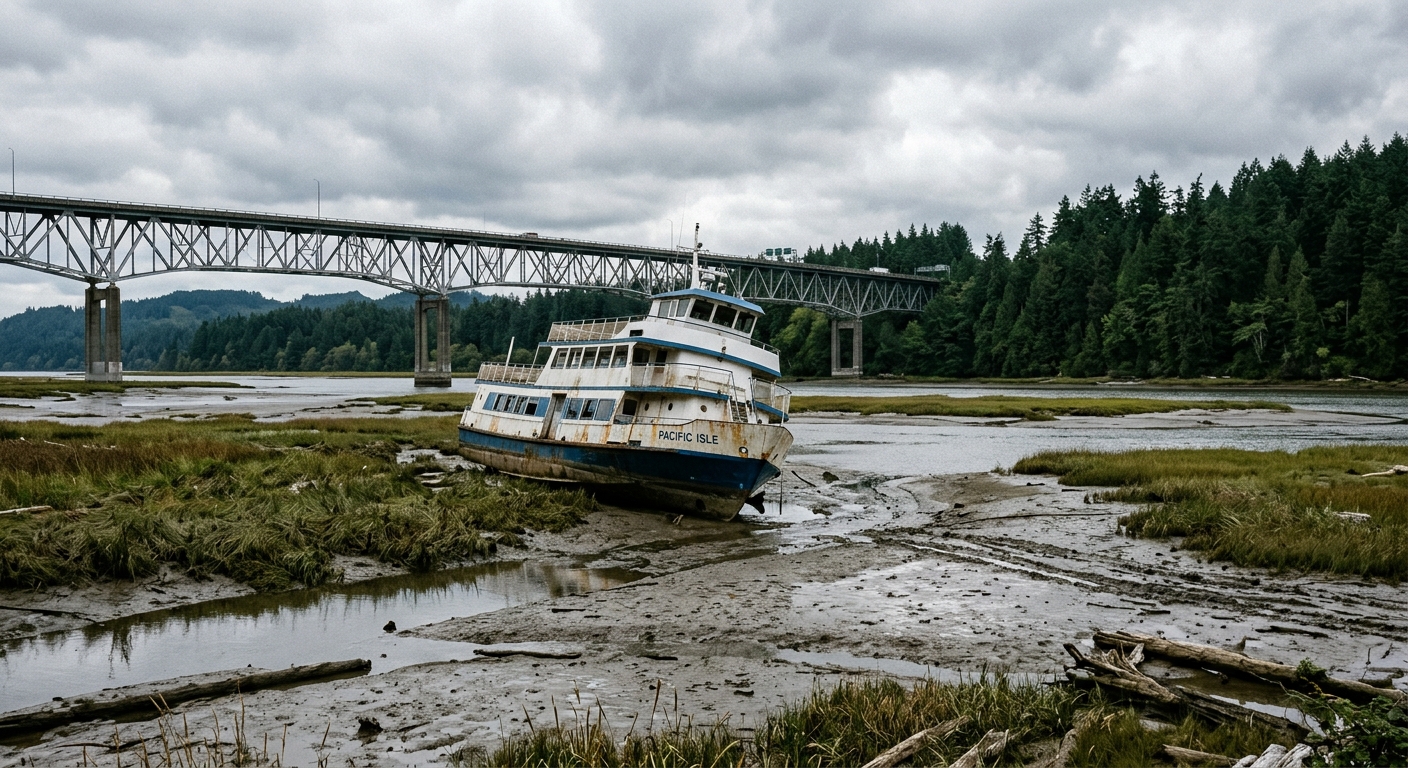a mid-sized passenger vessel stranded on coastal mudflats during low tide, surrounded by shallow water and marshgrass, with a large steel truss bridge and everg