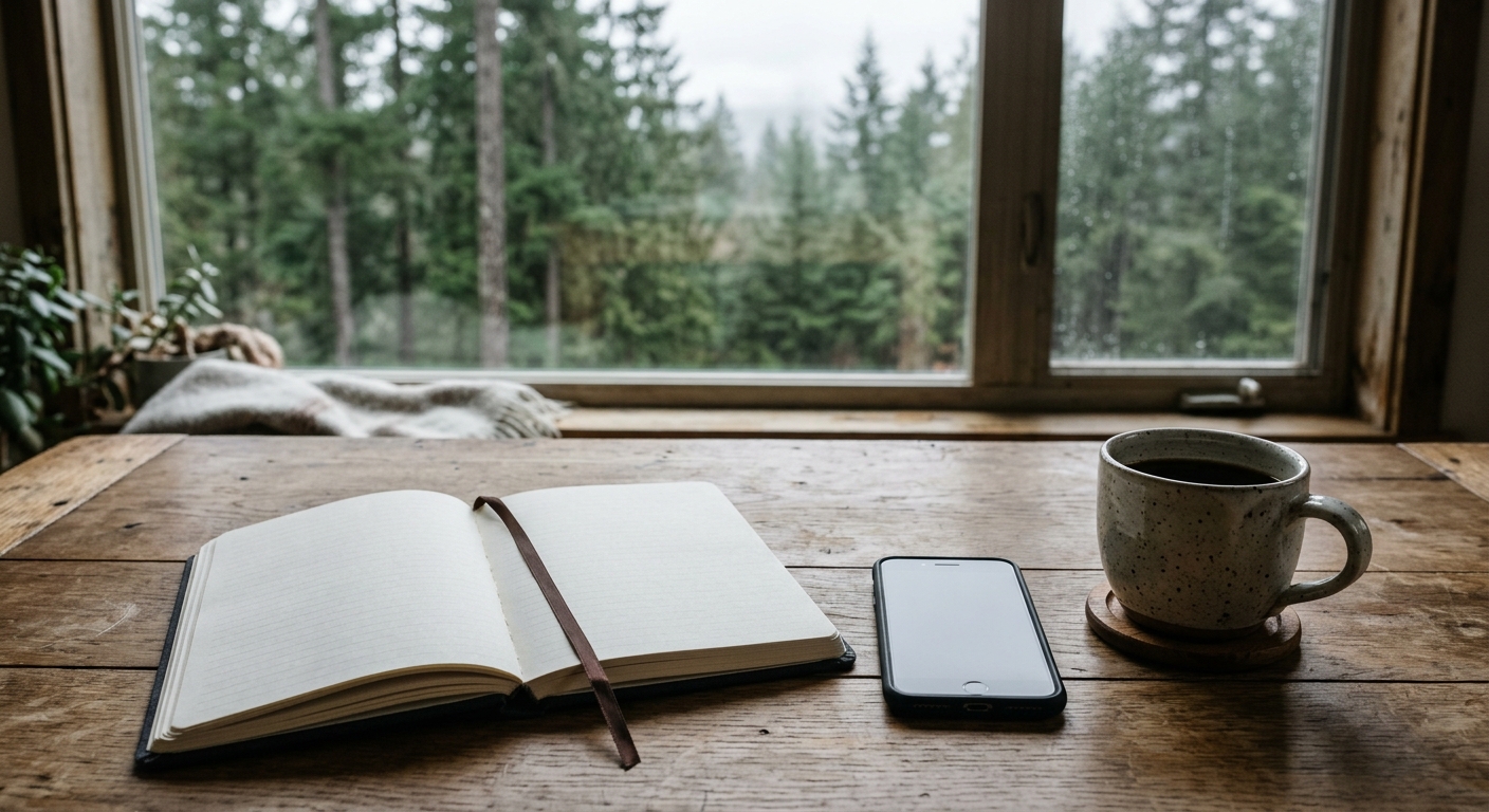 a smartphone and a blank open daily planner resting on a wooden table next to a ceramic mug, with a window in the background showing tall evergreen trees and an