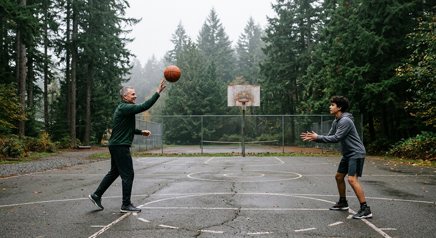 a middle-aged man tossing a basketball to a teenage boy on a weathered outdoor community court, surrounded by tall evergreen pine trees and a misty overcast sky